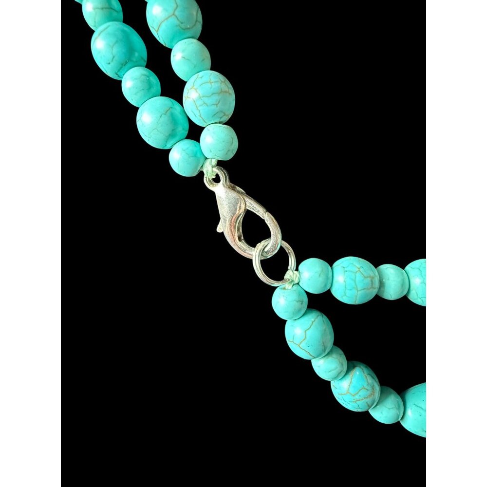 Authentic Turquoise Double Strand 2 Flower Statement Necklace Silver Tone Clasp - Picture 4 of 4